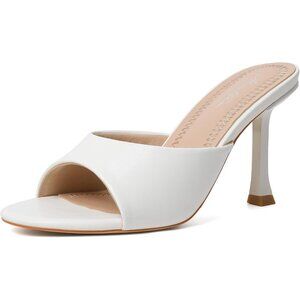 Women's White PU Round Toe Heels With Bow Vintage Mules Sexy Slip on Stiletto